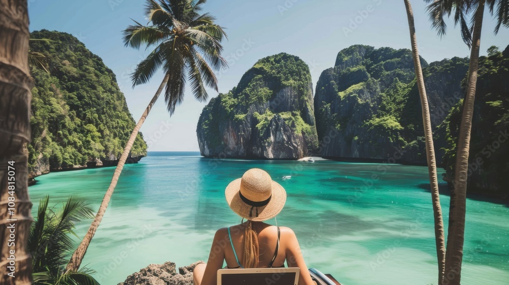 Aufkleber a digital nomad working on a laptop in exotic locations around the world, symbolizing remote work an