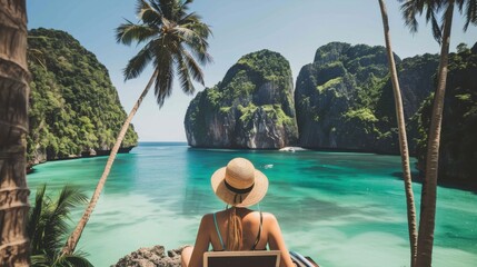 A digital nomad working on a laptop in exotic locations around the world, symbolizing remote work and travel lifestyle, Contemporary lifestyle scene