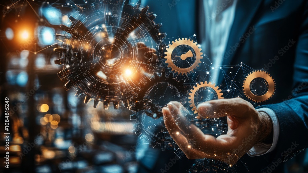 Poster a dynamic image showcasing a person hand interacting with glowing gears and sparks, symbolizing inno