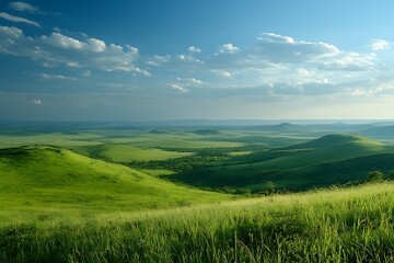 Obraz premium Lush green hills under a bright sky with scattered clouds.