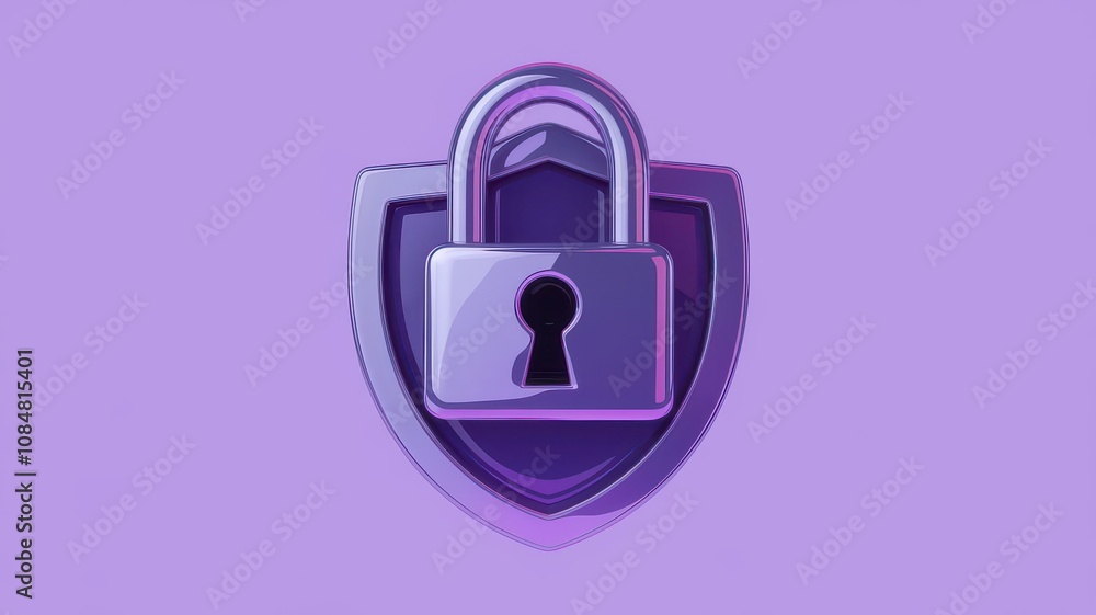 Poster a stylized purple padlock over a shield symbolizing security and protection in a digital context.