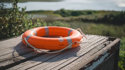 A bright orange lifebuoy rests on a weathered wooden surface, overlooking a tranquil natural landscape with a body of water in the background.