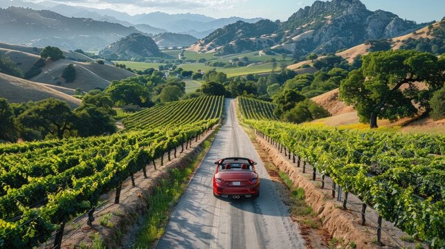 A red convertible drives through a vineyard with rolling hills in the background