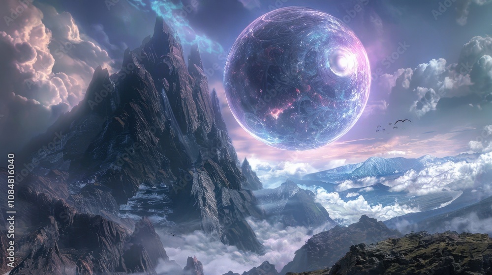 Poster a giant pulsing orb hovering high above a majestic mountaintop rumored to be the source of all mysti