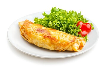 Egg roll on a plate on white background, close up