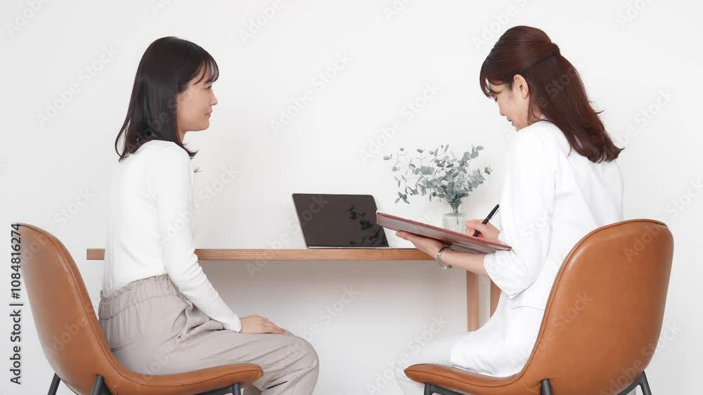 Aufkleber 診察、女性、患者、カウンセリング、問診、相談、医療、医師、病院、健診、日本人、診療、カウンセラー、白衣、診察室、治療、レディースクリニック、婦人科、クリニック、美容、整形、ビューティー、アドバイザー、話す、会話、面談、健康診断、ヘルスケア、エステ、セラピー、セラピスト、コピースペース、診断、メディカル、聞き取り、カルテ、美容整形、サポート、アフターフォロー、担当医、かかりつけ医、説明、疑問、質問、