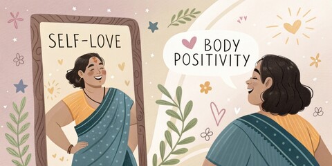 Indian woman wearing a sari is smiling while looking at her reflection in a mirror, which reflects the concept of self love and body positivity