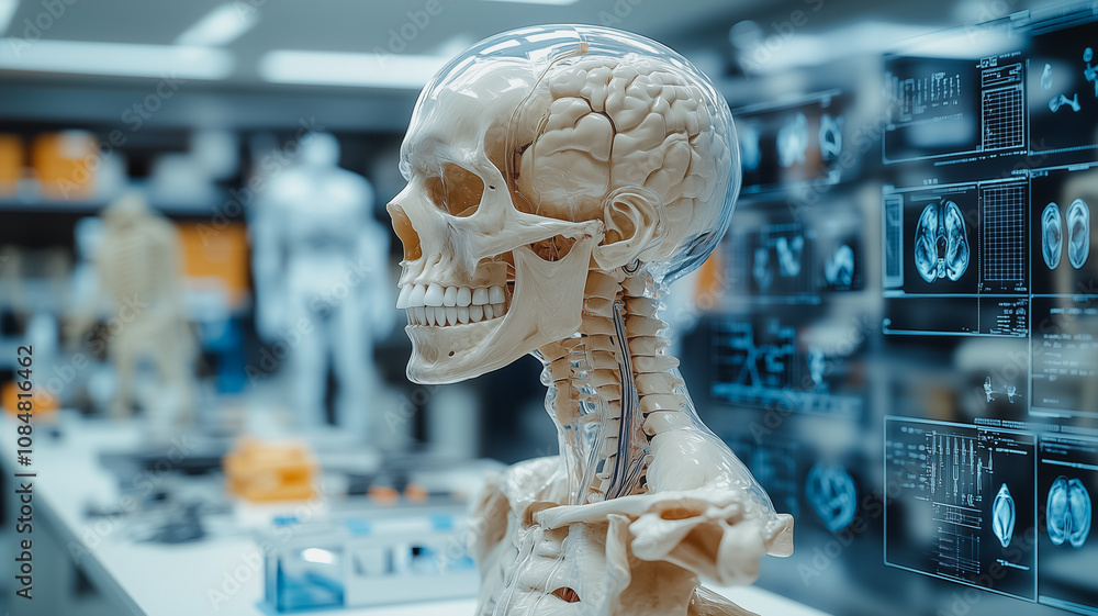 Aufkleber a skeleton is displayed in a lab with a computer screen behind it. the skeleton is surrounded by var