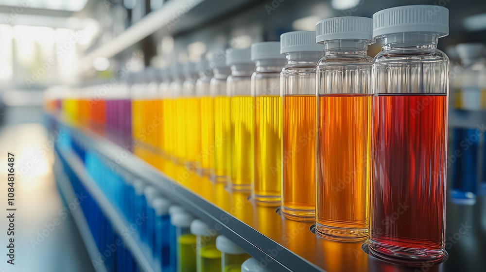 Poster a row of colorful bottles of liquid on a shelf. the bottles are lined up in a rainbow pattern, with 