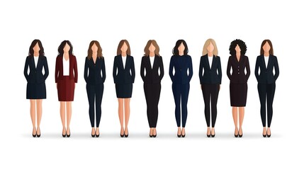 Obraz premium A diverse group of professional women in tailored suits standing in a line. They represent unity and empowerment in the workplace.