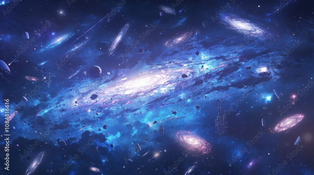 Poster a of galaxies with their various shapes and sizes forming a magnificent and complex cosmic pattern i