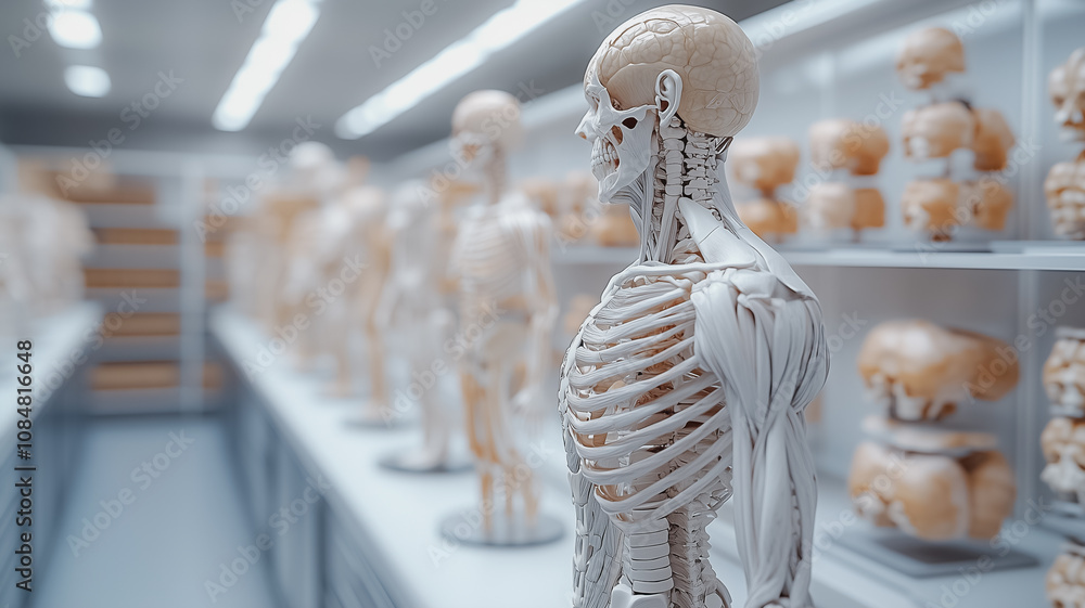 Poster a skeleton is displayed in a museum with other skeletons. the skeletons are all white and arranged i
