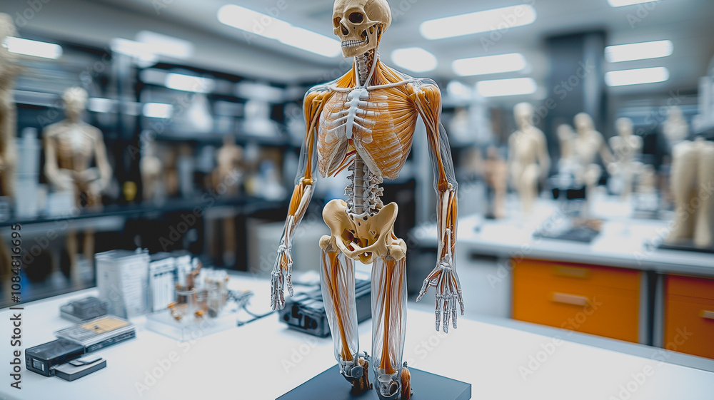 Aufkleber a skeleton is on display in a lab with other models. the skeleton is on a table and is surrounded by
