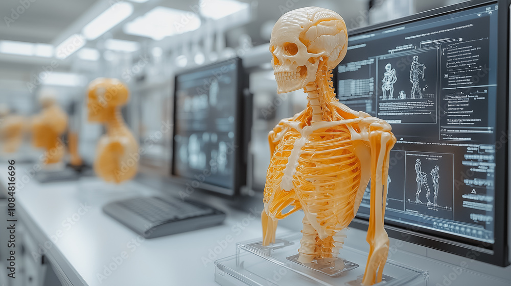Aufkleber a computer monitor displays a 3d model of a human skeleton. concept of scientific exploration and di
