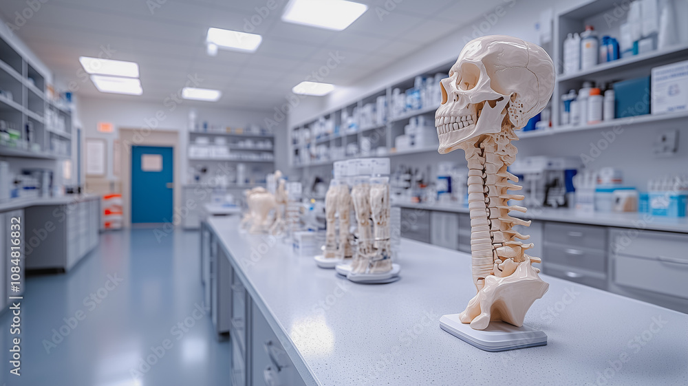 Poster a lab with a skeleton on a table. the skeleton is on a white pedestal. the lab is very clean and org