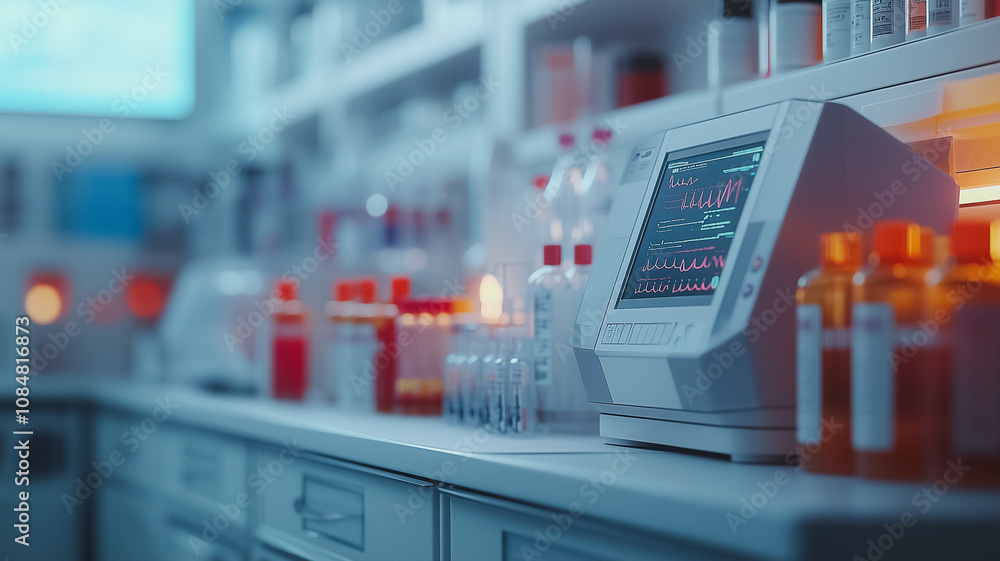 Poster a white computer monitor sits on a counter in a lab. the lab is filled with various bottles and vial
