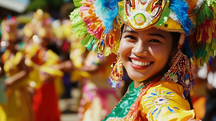 Fototapeta premium A woman wearing a colorful costume and a beaded headdress is smiling