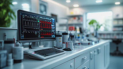 A computer monitor is on a desk in a lab. The monitor displays a graph of some sort, and there are several bottles and vials on the desk. Scene is scientific and focused