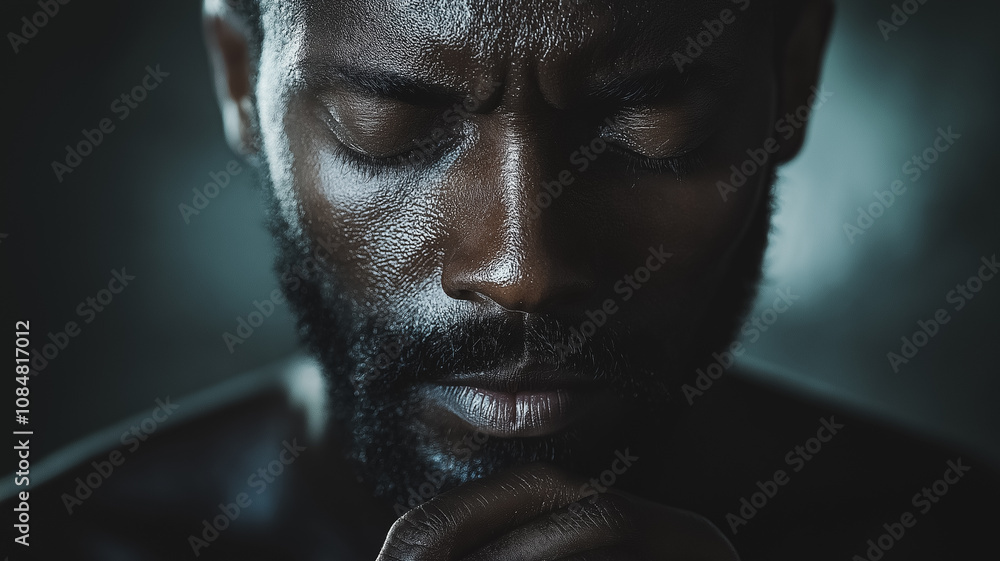 Poster a man with a beard is looking down and appears to be in deep thought. the image has a mood of contem