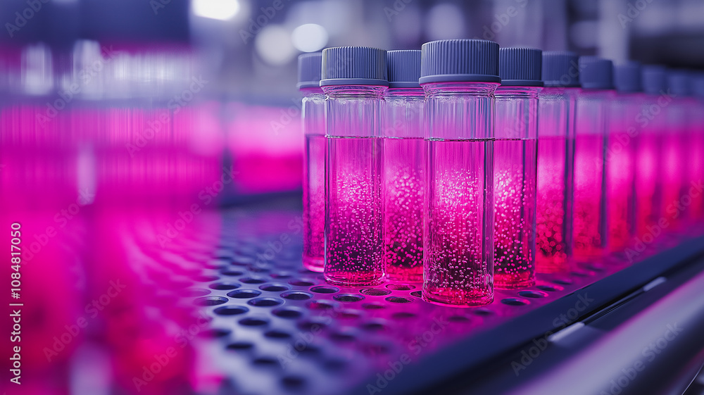 Poster a row of pink bottles with a purple background. the bottles are filled with a pink liquid. the bottl