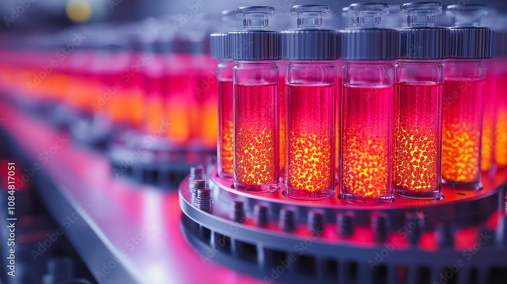 Poster a row of glass vials with a red liquid inside. the vials are on a conveyor belt and are glowing red
