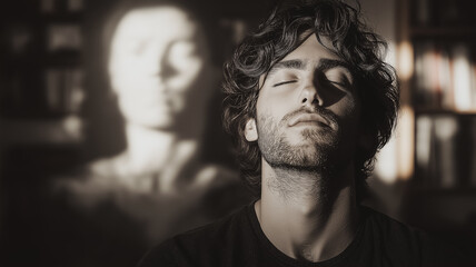 A man is sitting in a room with a statue of a man in the background. He is looking at the camera with a peaceful expression