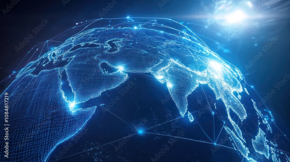 Poster digital representation of earth with a network overlay, illustrating global connectivity.