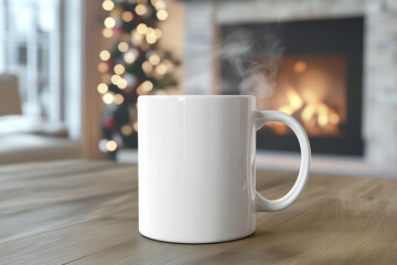 Blank white mug mockup in defocused holiday living room with fireplace background Flattering catalog style template steam from hot beverage perfect studio lighting cozy Christmas tree quiet time relax