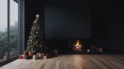 Fototapeta premium A cozy Christmas scene with a decorated tree, presents under the tree, and an open fireplace in a room with wooden floors.