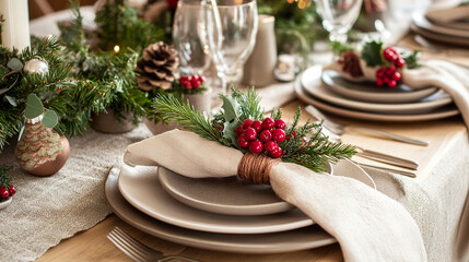 Fototapeta premium festive holiday table setting with elegant plates, napkins, and seasonal decorations creates warm and inviting atmosphere.
