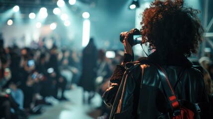 Naklejka premium A fashion influencer attending a high-profile runway show during fashion week, Fashion event scene, Modern lifestyle style
