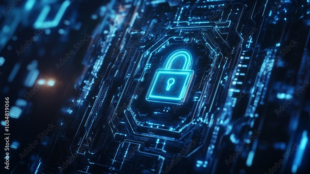 Poster a digital lock symbol surrounded by glowing circuitry, representing cybersecurity and data protectio