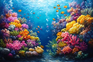 Vibrant underwater scene with colorful coral reefs and fish.