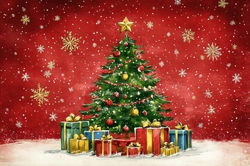 Obraz premium Christmas card with Christmas tree and gifts on a red background. with a place for congratulations. with generative ai