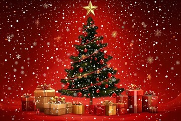 Christmas card with Christmas tree and gifts on a red background. with a place for congratulations. with generative ai