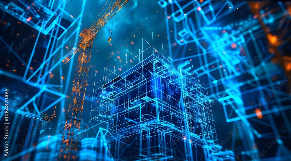 Poster a digital representation of a construction site with blue and orange wireframe structures.