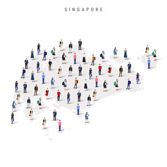 Singapore population map. Large group of realistic a diverse crowd of people figures in a shape of Singaporean map. Flat vector illustration isolated on white.