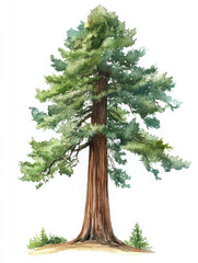 majestic redwood tree stands tall with lush green foliage, showcasing its grandeur and natural beauty. This watercolor illustration captures essence of nature
