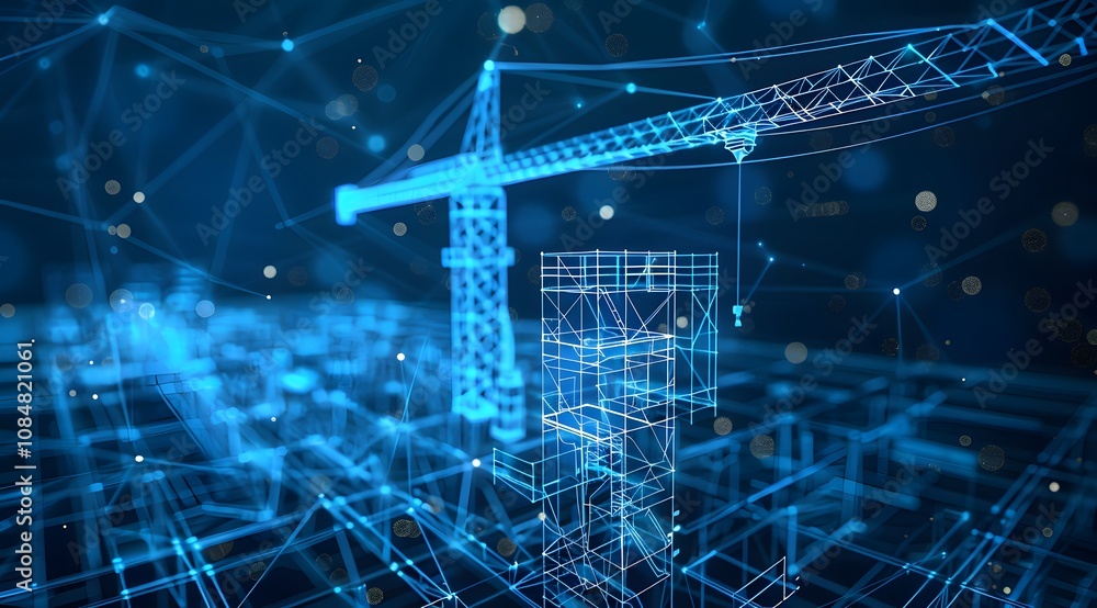 Aufkleber a digital representation of a construction site with a crane and geometric structures.