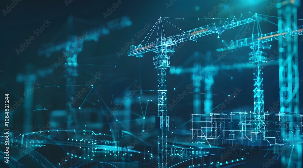 Poster digital representation of construction cranes with a futuristic design and network connections.