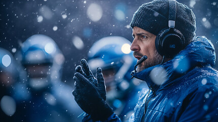 Coach strategizing in snowy stadium during intense football game on winter afternoon