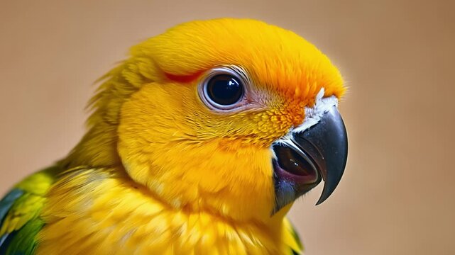 Yellow parrot moving head on brown background