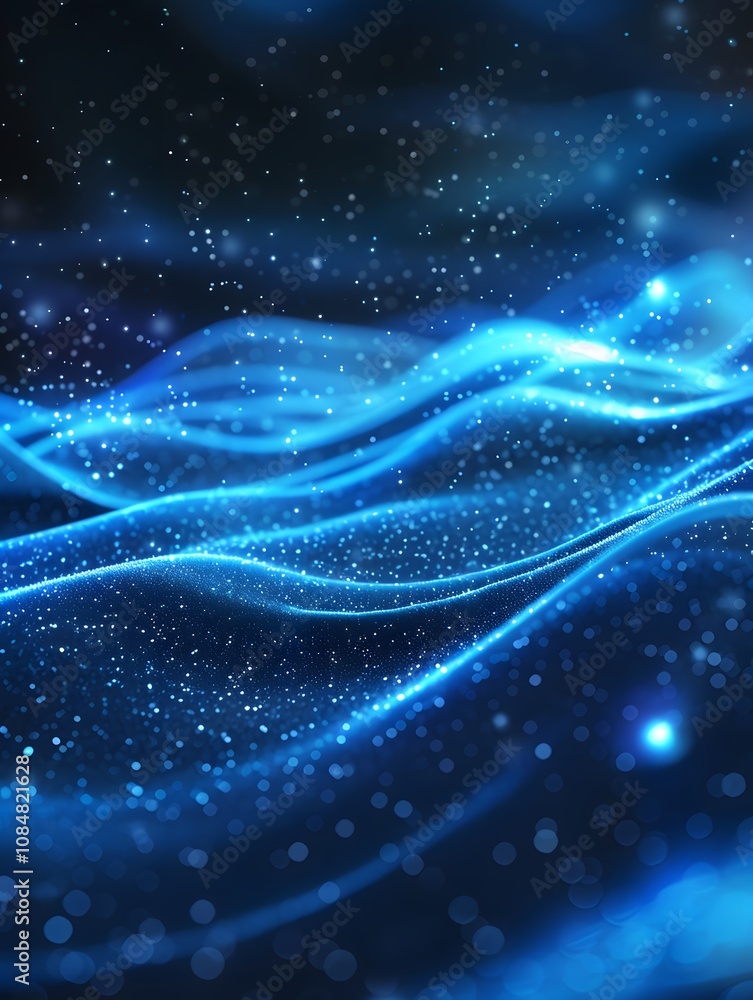 Poster a mesmerizing blue wave pattern with sparkling particles, evoking a sense of tranquility.