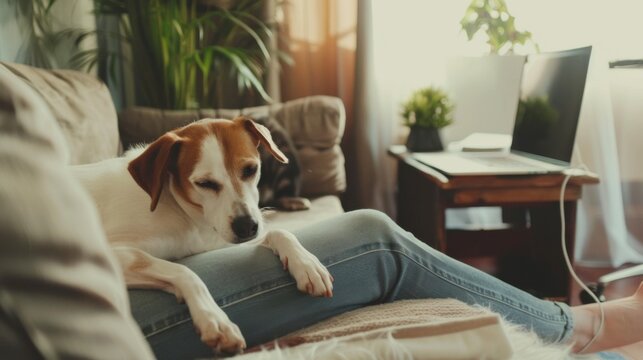 A freelancer working from a cozy home office with a pet by their side, symbolizing work-life balance in remote work culture, Contemporary lifestyle scene