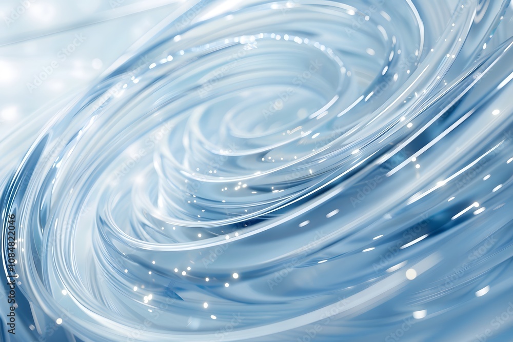 Poster abstract swirling blue patterns with sparkling highlights, evoking fluidity and motion.