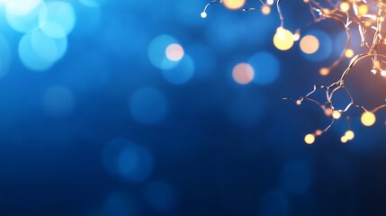 Festive bokeh lights on blue background.