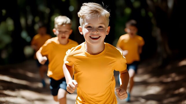 A group of children in yellow shirts joyfully running on a sunny path, showcasing energy, teamwork, and outdoor fun.