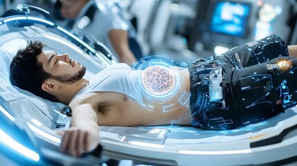 Organ transplant futuristic concept. A futuristic medical scene depicting a man lying in a high-tech pod with holographic displays and body scanning technology.