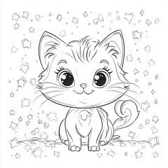 cartoon style coloring page for kids with cute cat
