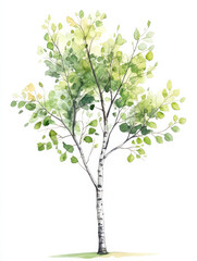 Watercolor illustration of slender birch tree with vibrant green leaves, showcasing nature beauty and tranquility. Perfect for decor or nature themed projects